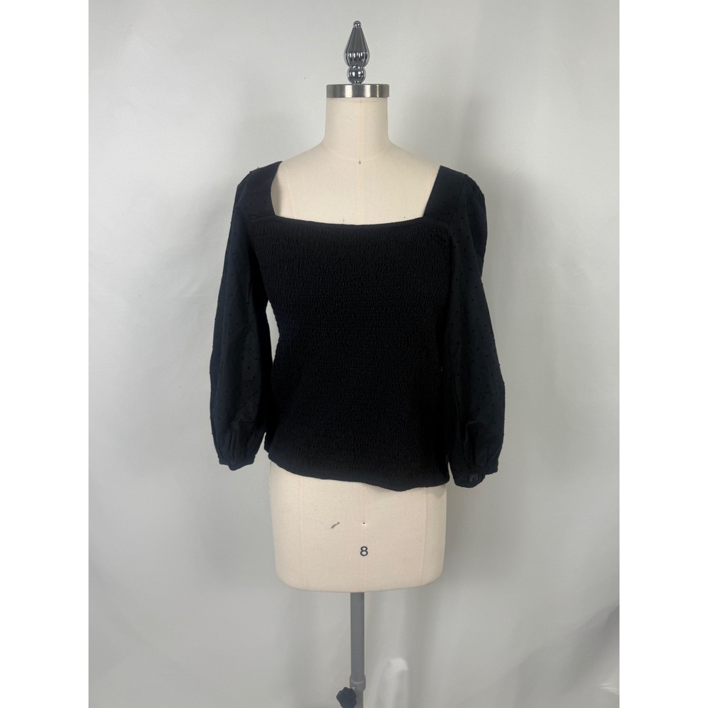 Fat Face Size 6 Black Smocked Blouse 3/4 Balloon‎ Sleeve Preppy Vamp Fairygoth